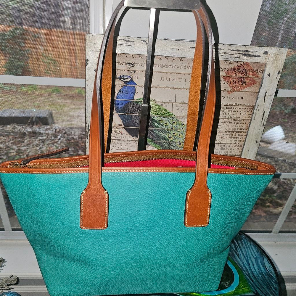 Women's Dooney & Bourke Teal & Brown Leather Tote Bag One Size - Picture 3 of 8